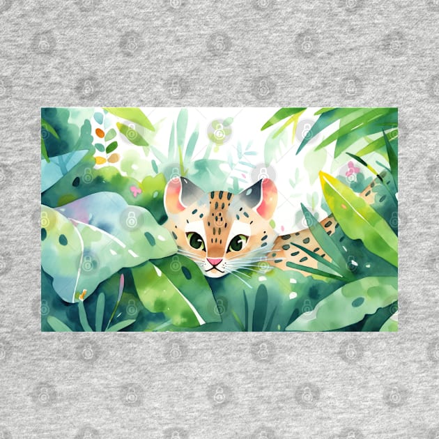 Whimsical Jungle Cat Watercolor Illustration by A Badger